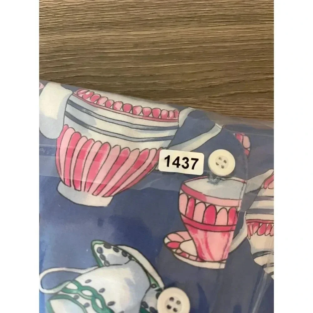 Vtg Cary San Francisco Sleeveless Tea Cup Print Dress Girls 7 Blue Buttons